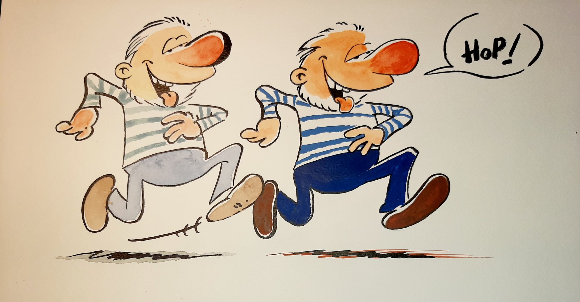 frères jumeaux heureux de courir côte à côte en aquarelle