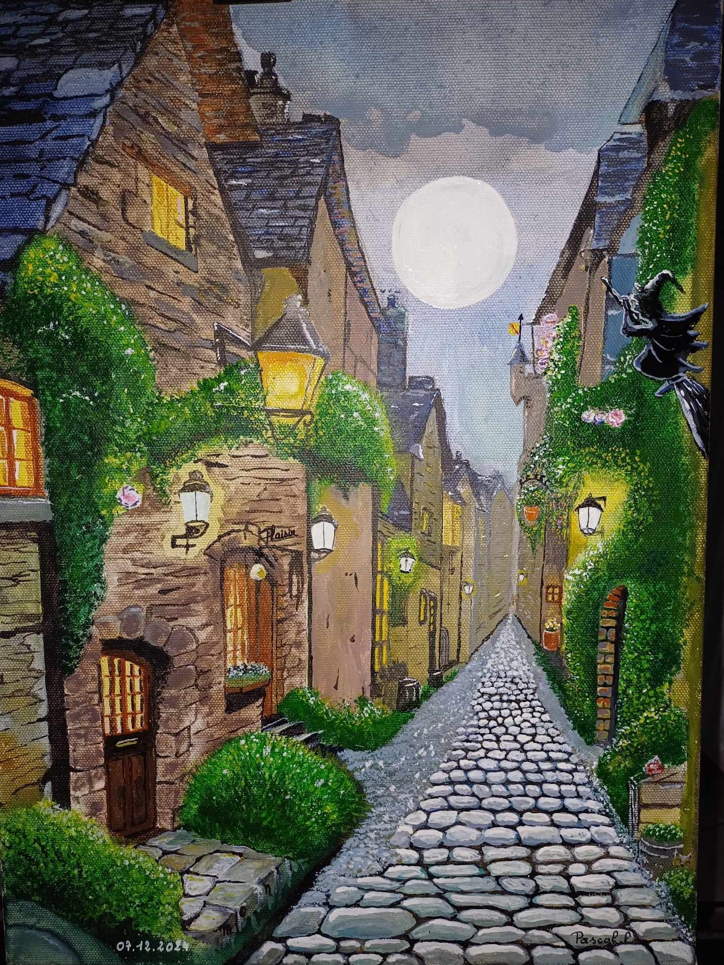 Peinture aquarelle saur toile la rue pittoresque sous la pleine lune et la sorciere